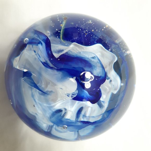 Vintage Kerry Glass Paperweight Round Size Small Blue Swirl Latticinio 3 in Tall - Picture 7 of 10